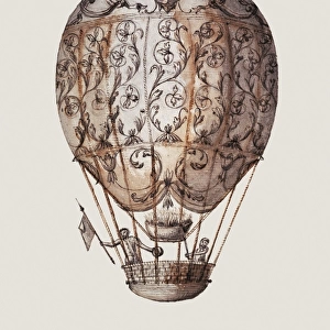 Hot-air balloon from 18th century. Engraving