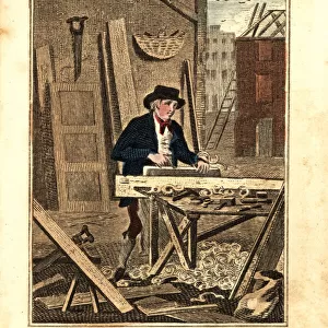 House carpenter planing a board on a bench