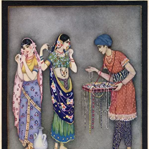 Two Indian women are approached by a bead merchant Date: early 20th century?