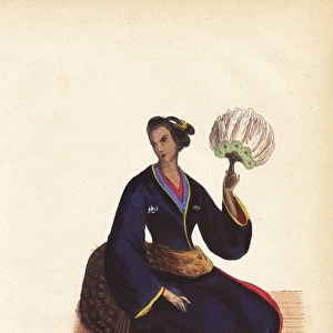 Japanese woman in kimono and obi, holding a feather fan