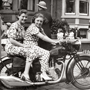 Ladies on a 1938 Velocette Mov motorcycle