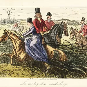 Lady riding side-saddle on a horse stuck in a fence
