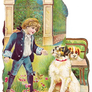 Little boy with two dogs on a cutout Christmas card