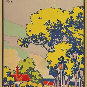A London general omnibus company poster for Hatfield, designed by F Gregory Brown. The image depicts a wayside pub on Route 155 with trees in the foreground