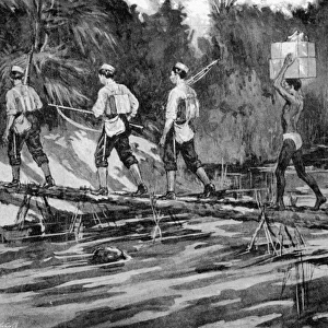 On the march. Crossing a bridge during the Mendi expedition