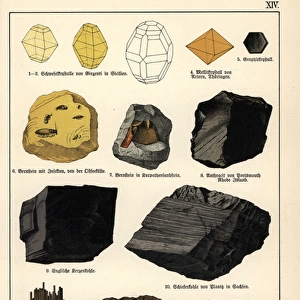 Mineral varieties including sulphur, mellite, amber and coal