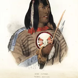 Native American in headdress with horns, buckskin