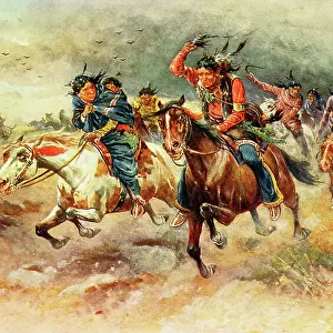 Native American Sioux Indians fleeing a prairie fire