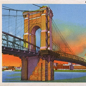 Ohio River with suspension bridge, Cincinnati, Ohio, USA