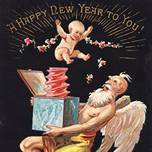 Old Father Time and New Year baby on a New Year card