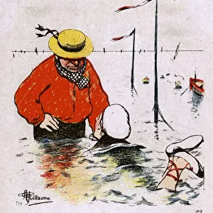 Old French Salt teaching a young lady to swim in the sea
