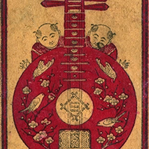 Old Japanese Matchbox label with a red mandolin with birds