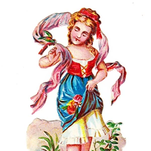 Peasant girl with red roses on a Victorian scrap