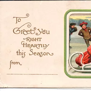 People skating and sleighing on a Christmas card