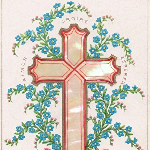 Pink and blue flowers and a cross on a French card