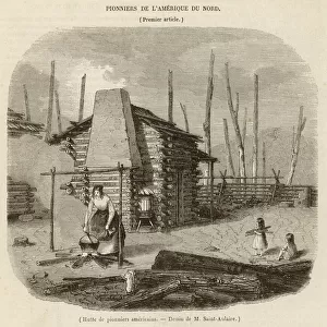 Pioneer settlers outside their log cabin