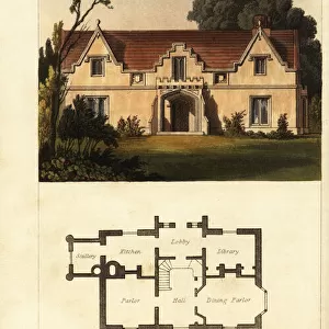 Plan and elevation of a Regency Era, Gothic style cottage