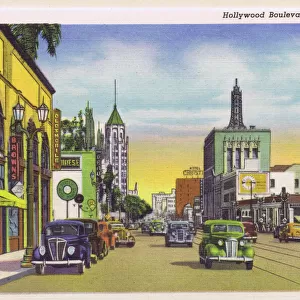 Postcard showing Hollywood Boulevard, 1930s