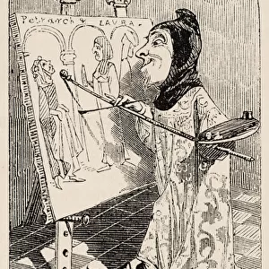 A Pre-Raphaelite finishing his picture for the Academy. Satirical cartoon featuring a