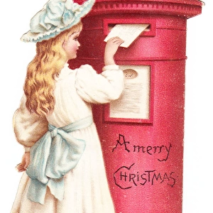 Red pillar box with girl and dog on a Christmas card