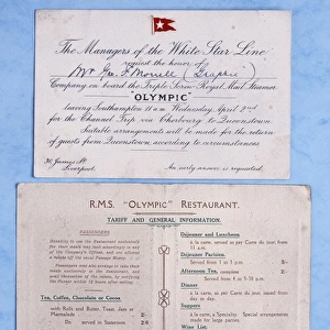 RMS Olympic invitation, restaurant card