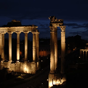 Rome. Roman Forum. Night view of the Temple of Saturn and Te