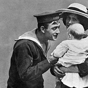 Sailor says good bye to wife and baby, WW1