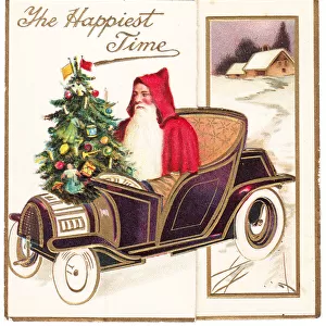 Santa Claus driving a car on a Christmas card
