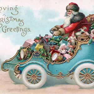 Santa Claus driving a car on a Christmas postcard