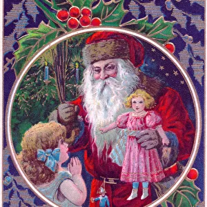Santa Claus with girl and doll on a Christmas postcard