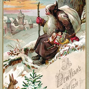 Santa Claus with presents on a New Year postcard