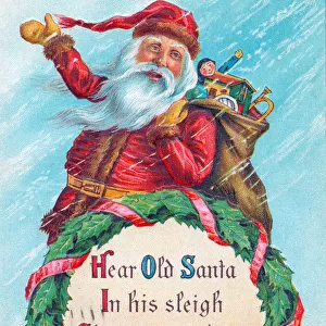 Santa Claus with sack and wreath on a Christmas postcard