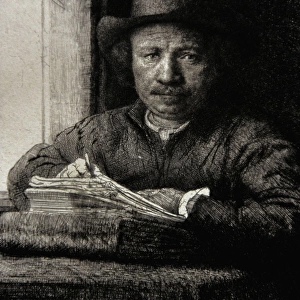 Self-portrait etching at a window, 1648, by Rembrandt (1606