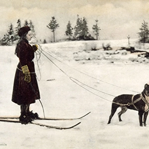Ski Girl Towed by Dog