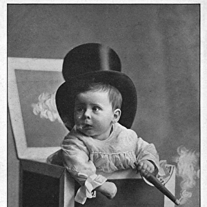 Smoking Baby in a cigar box wearing a silk top hat