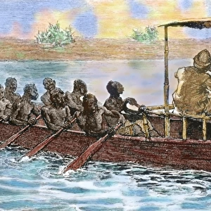 Stanley and Livingstone in a canoe from the village Ujiji in