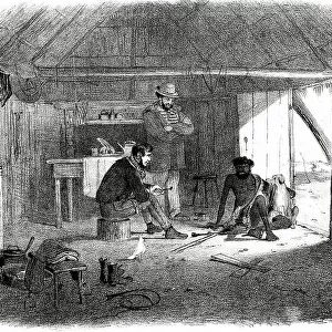 Stockman's hut in Australia with aboriginal man