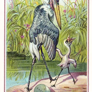 Stork and newly hatched chick on a New Year card