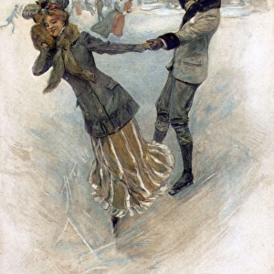 A stylish couple go ice skating