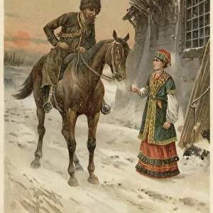 A Tartar on horseback halts in the snow at sunset for a warming drink Date