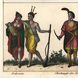 Tattooed Iroquois man, woman and baby in papoose, and chief