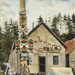 Totem Pole and Native American House