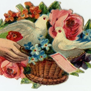 Victorian Chromolithograph Scrap - Doves and flowers