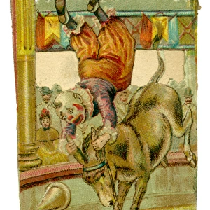 Victorian Scrap - Circus Clown trying to ride a Donkey