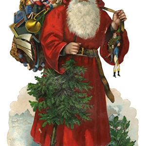 Victorian scrap - Santa with tree and sack of presents