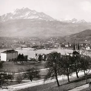 Vintage 19th century photograph - town and lake of Lucerne and Mount Pilatus