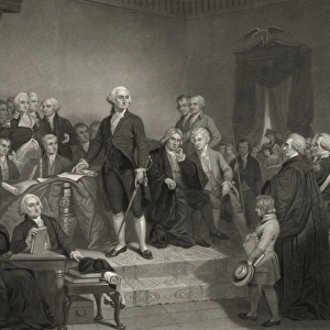 Washington delivering his inaugural address April 1789, in t