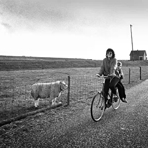 A woman cycles past the Oudeschild windmill on the island of