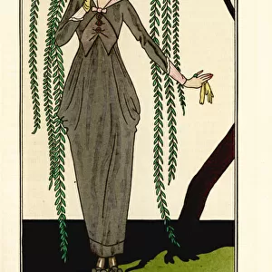 Woman in grey taffeta dress with linen collar