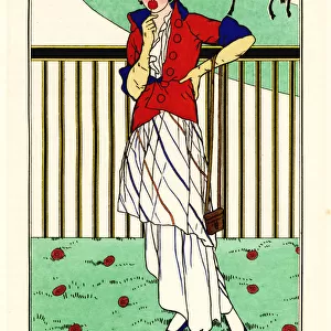 Woman in outfit for the racetrack in winning colours, 1913